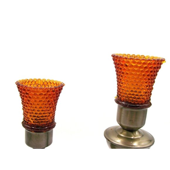 Set 2 Wooden Metal Candle Holders w/ Thousand Eye Hobnail Votives Amber Vintage - Picture 2 of 12